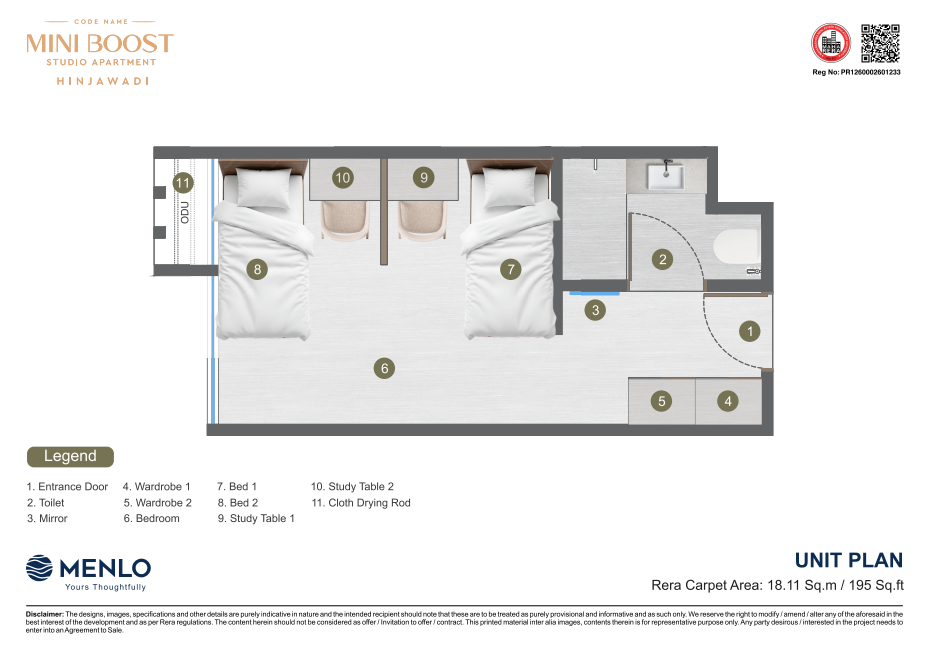 Mini Boost studio unit plan - 195 sq.ft. carpet